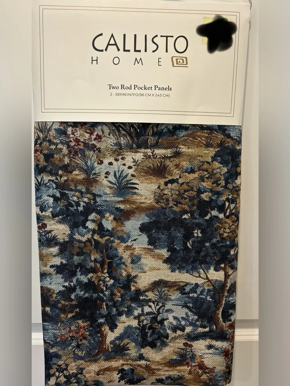 Callisto Home Set of 2 Room Darkening Curtains 38x96 Blue Botanical Luxury New